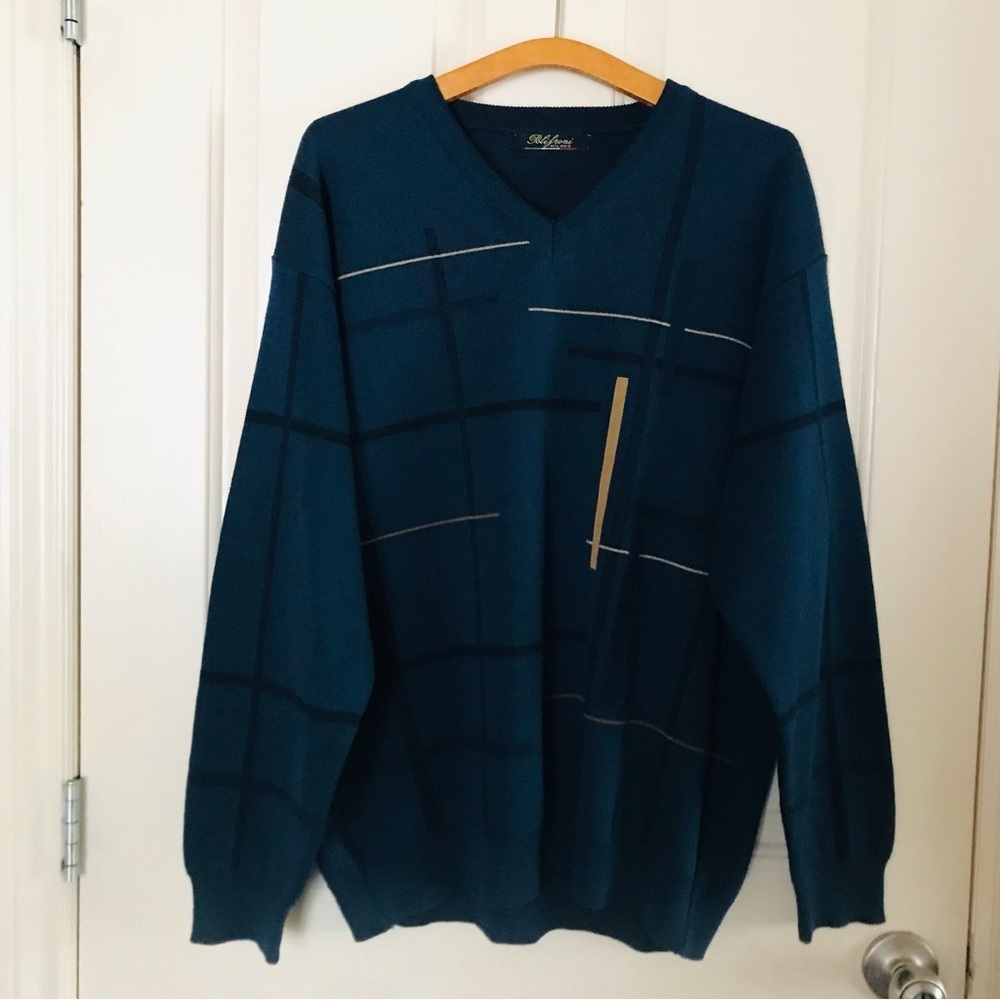 Polifroni Milano Wool Blend Mens V-neck Sweater Geometric Blue Navy Size Large